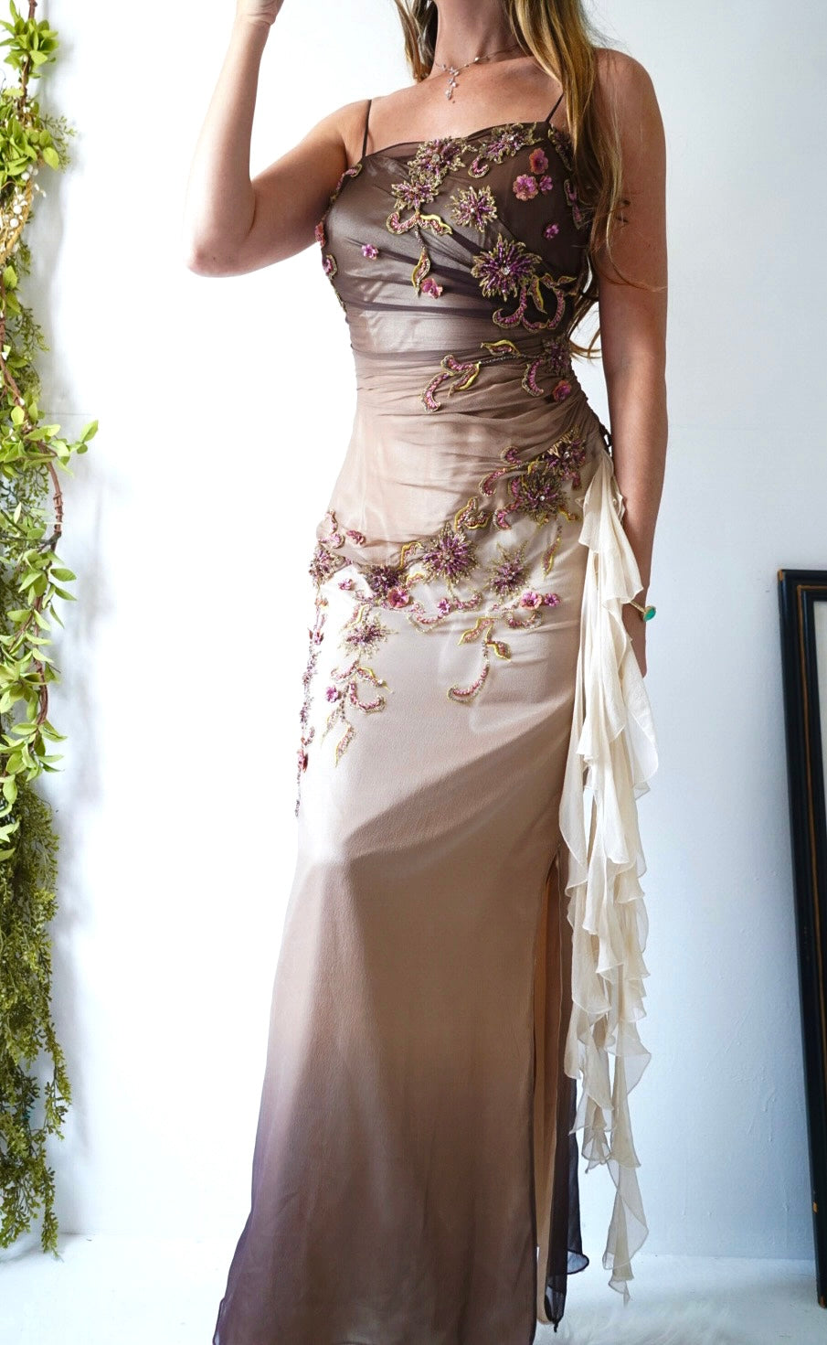 Y2k Ombre Silk Floral Bead Detail Fairy Gown