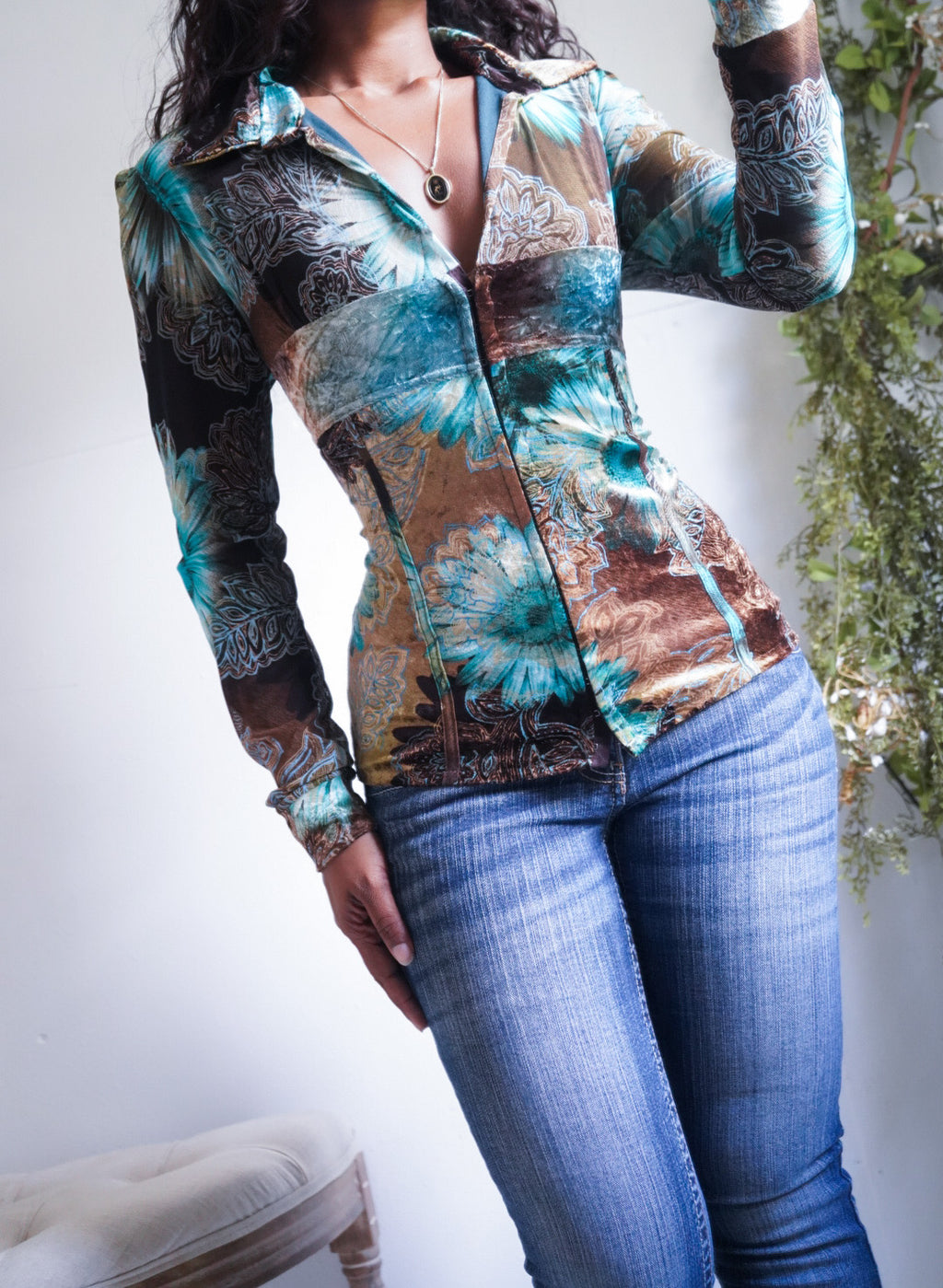 Y2K Tie Dye Velvet Bustier Style Collared Top