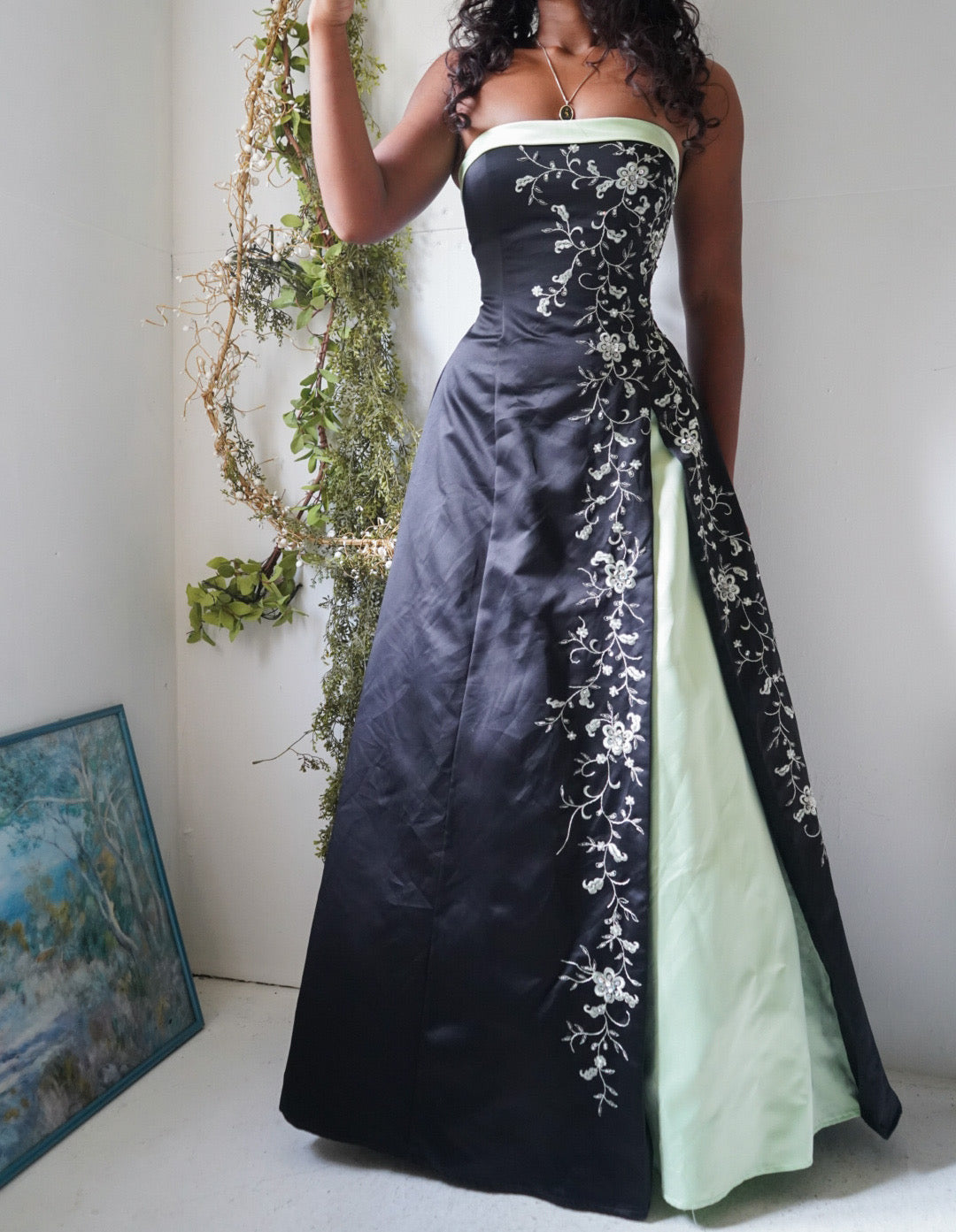 Vintage Y2K Black Strapless Gown with Pastel Green Details