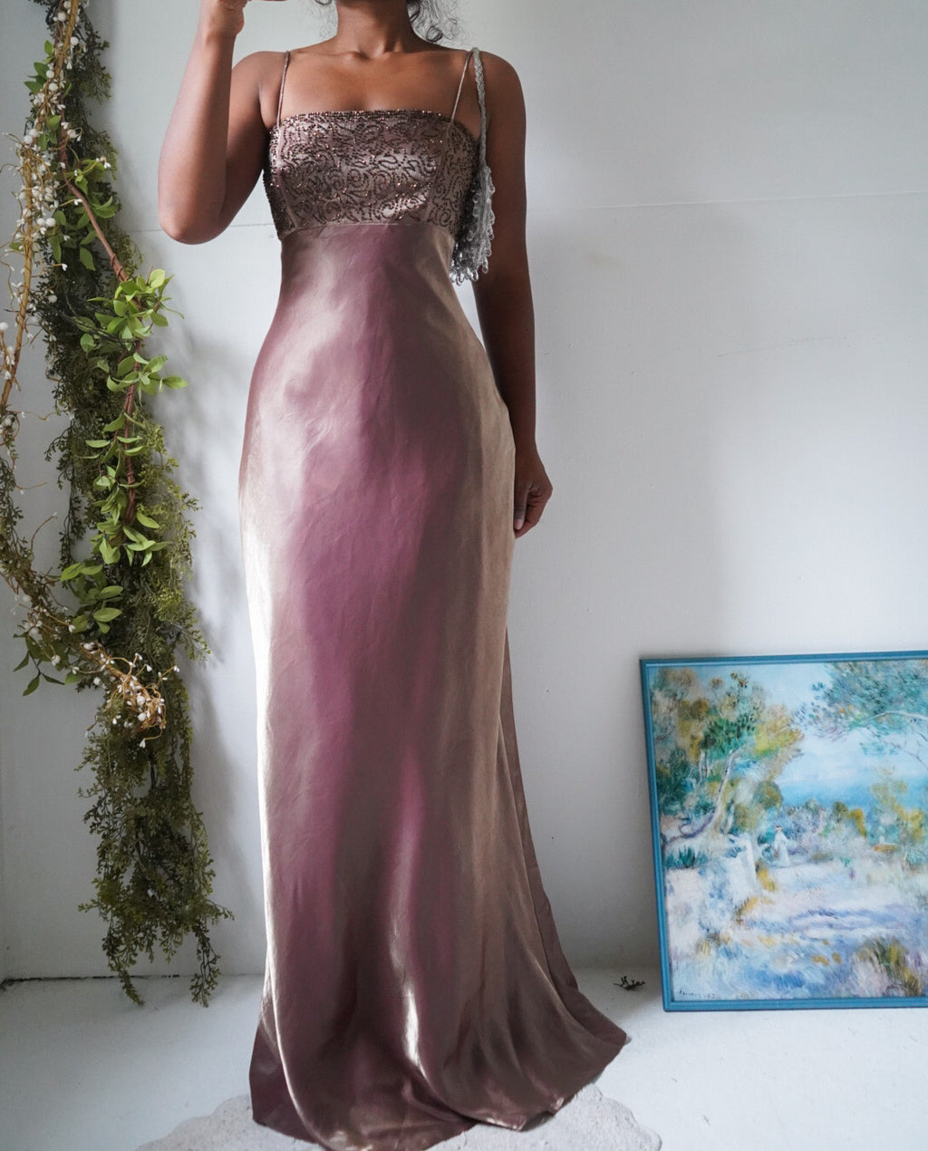 Y2K Iridescent Satin Beaded Bodice Gown