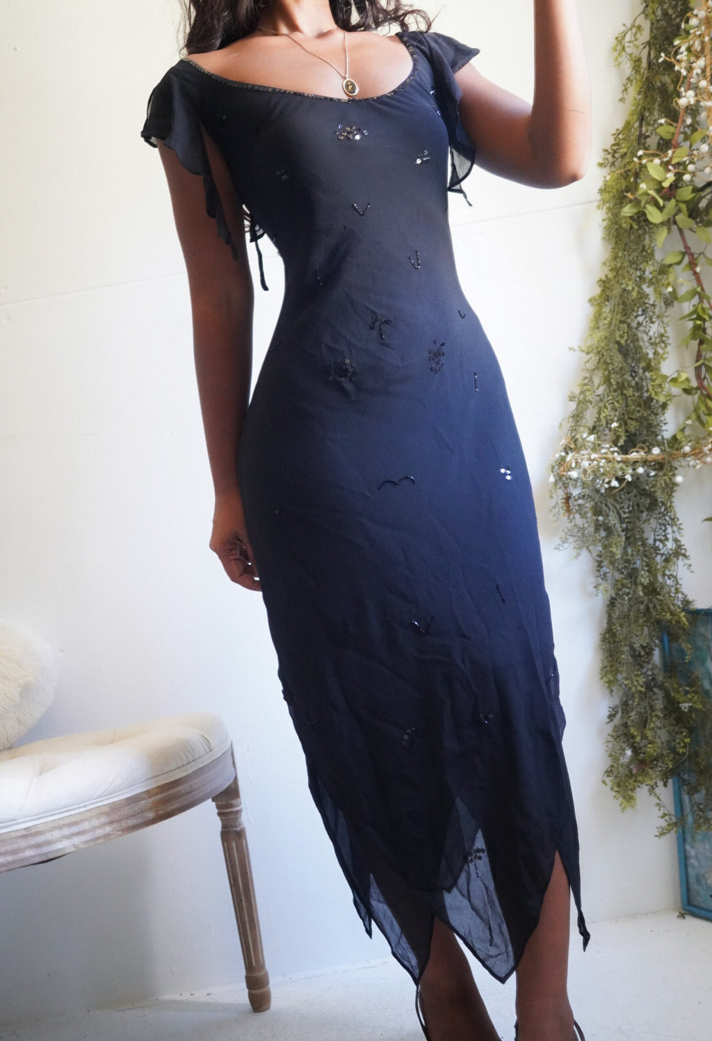 Y2K Black Silk Sequined Fairy Hem Dress