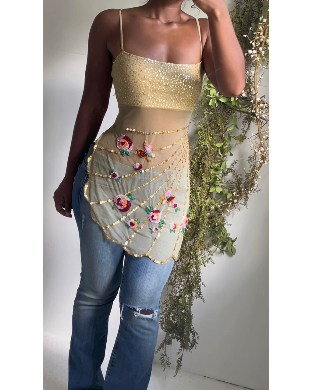 Rare Y2K Gold Sequin Beaded Fairy Top