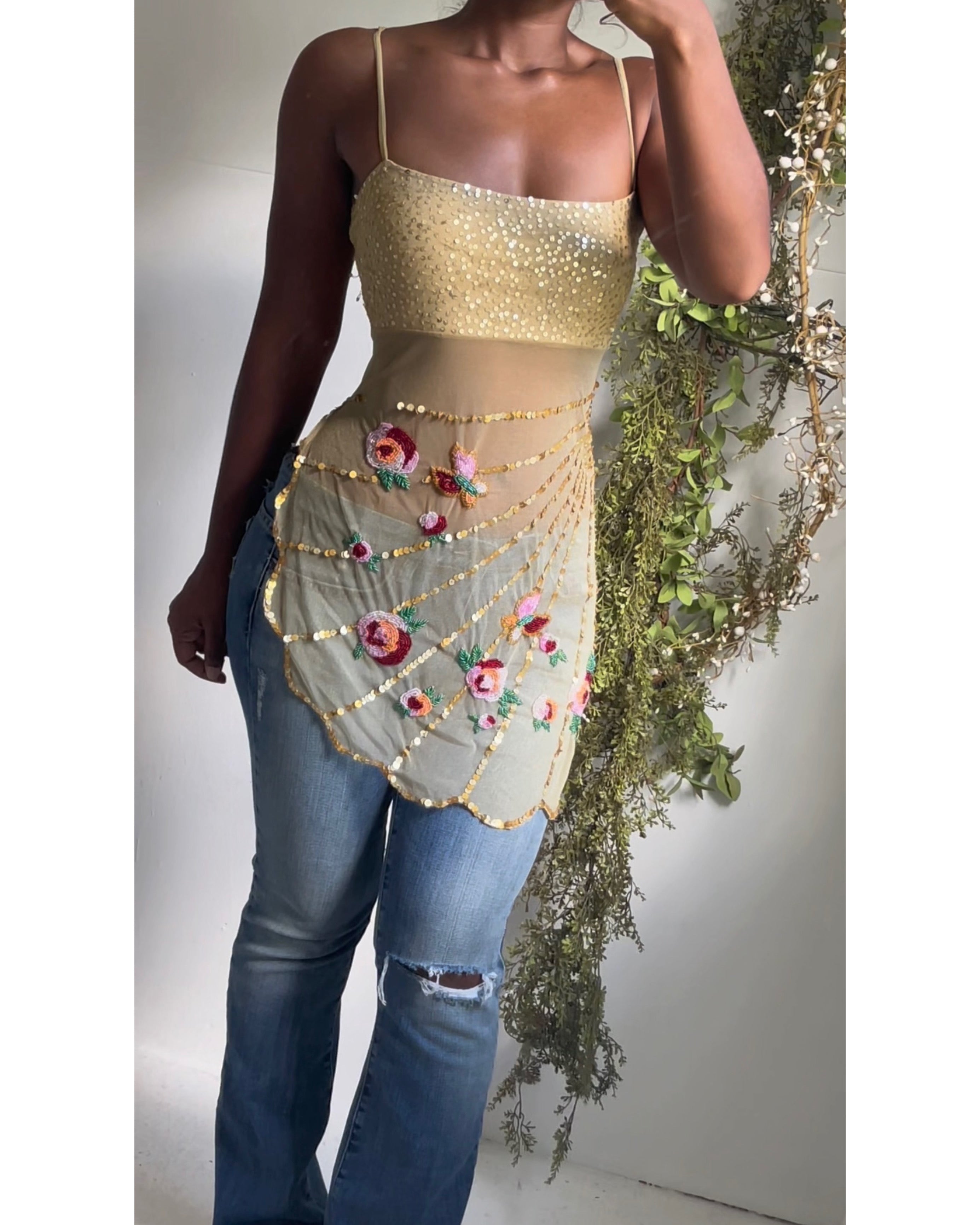 Rare Y2K Gold Sequin Beaded Fairy Top
