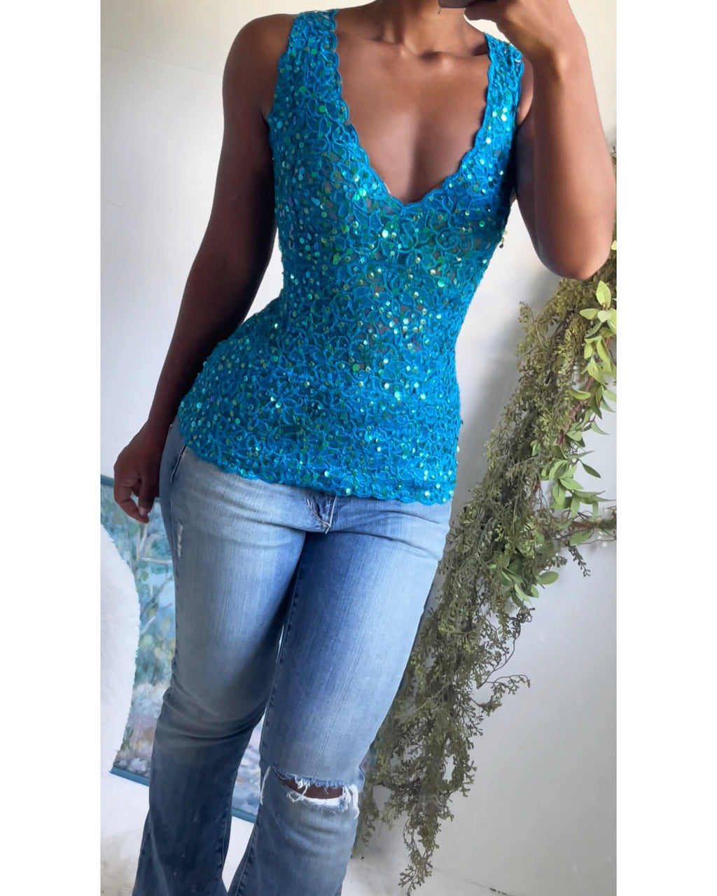 Y2K Sequin Lace Teal Top
