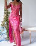 Y2K Sequin Mesh Deep Coral Pink Asymmetric Hem Dress