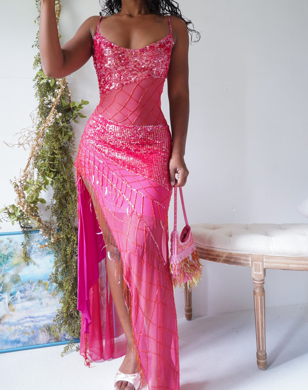 Y2K Sequin Mesh Deep Coral Pink Asymmetric Hem Dress