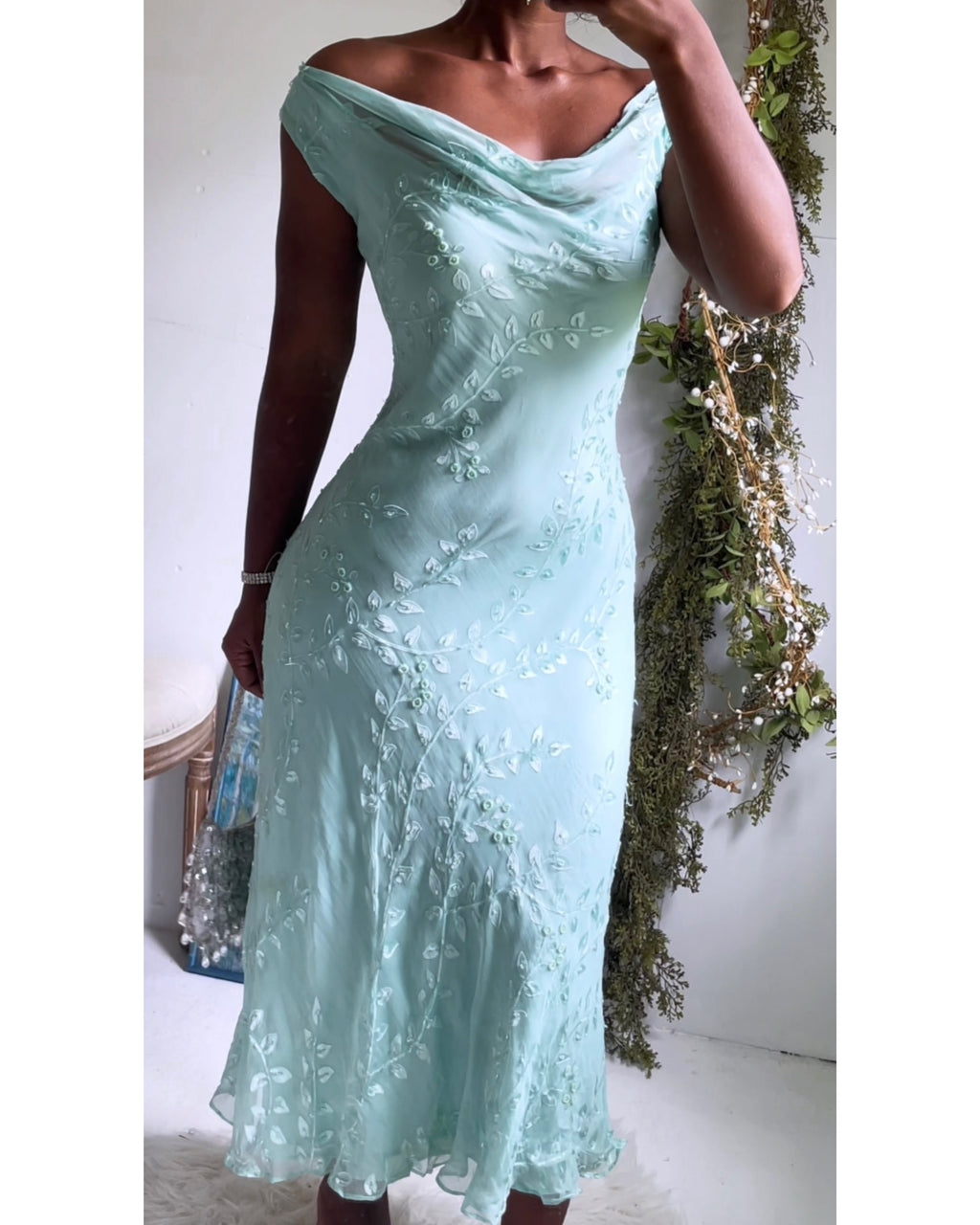 Y2K Light Aqua Beaded Silk Dress