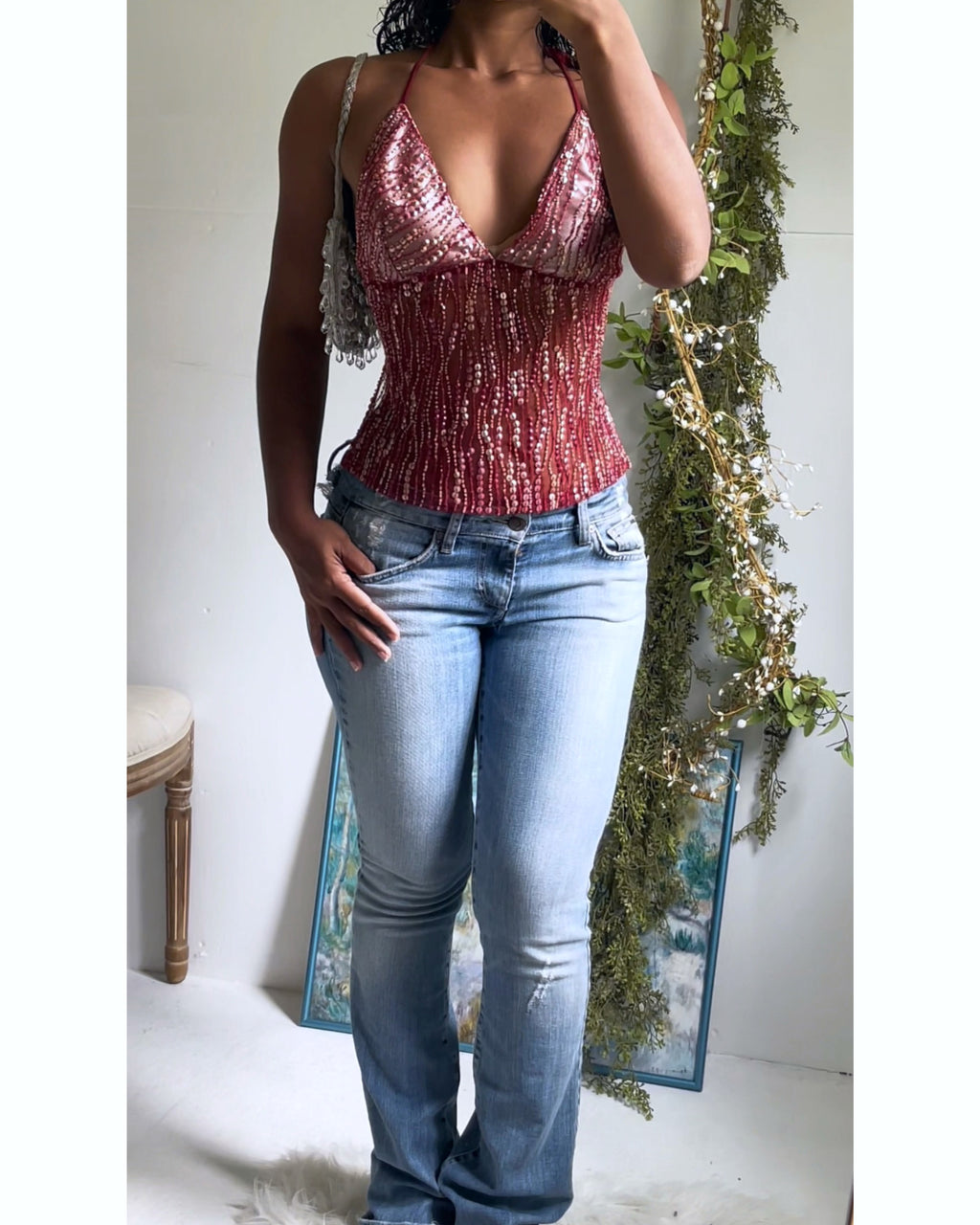 Reworked Handmade Silk Red Beaded Tie Back Top