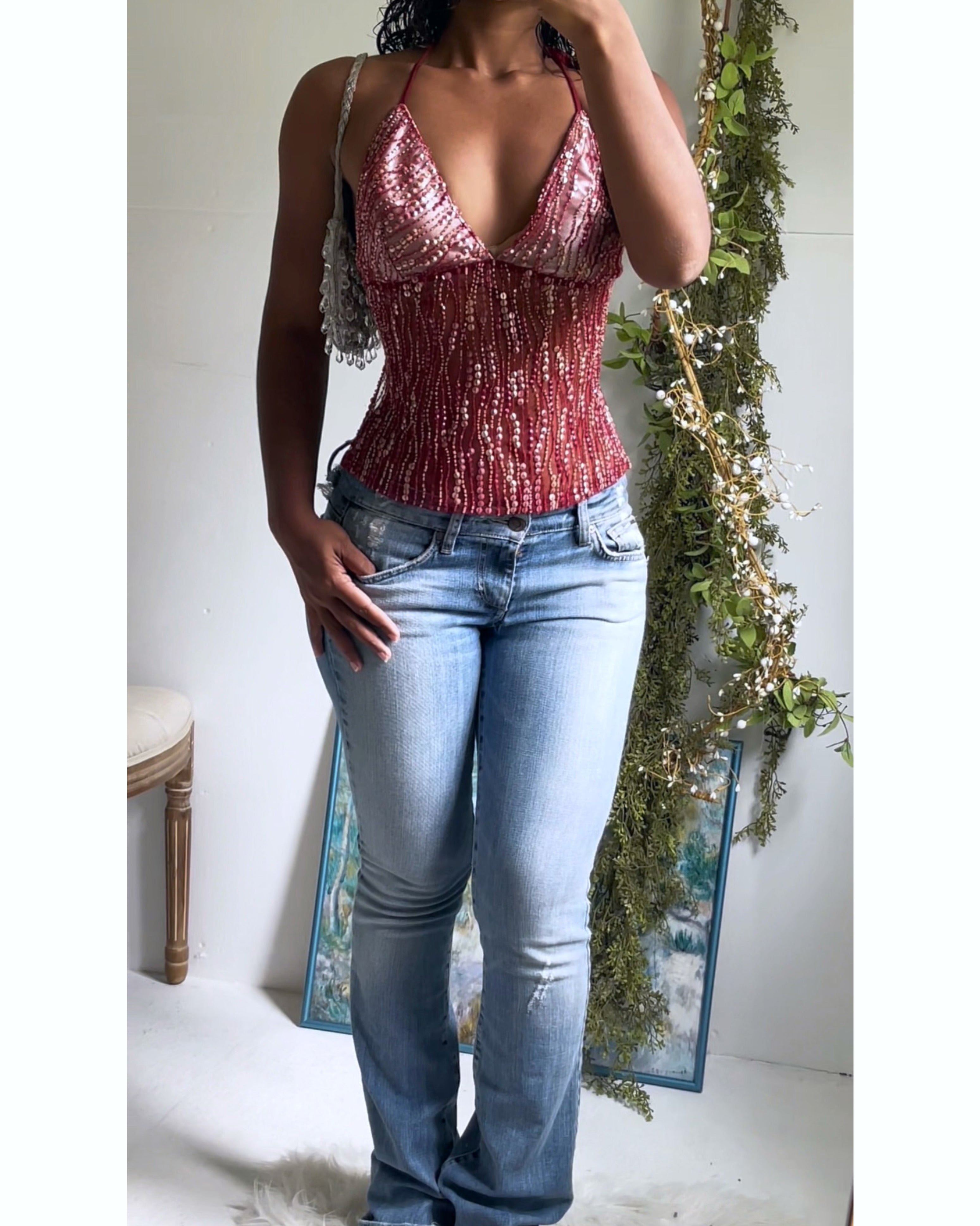 Reworked Handmade Silk Red Beaded Tie Back Top