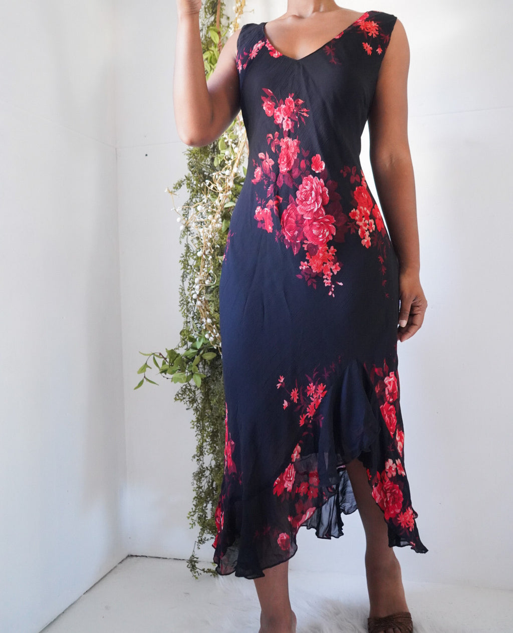 Y2K Black Summer Floral Midi Dress