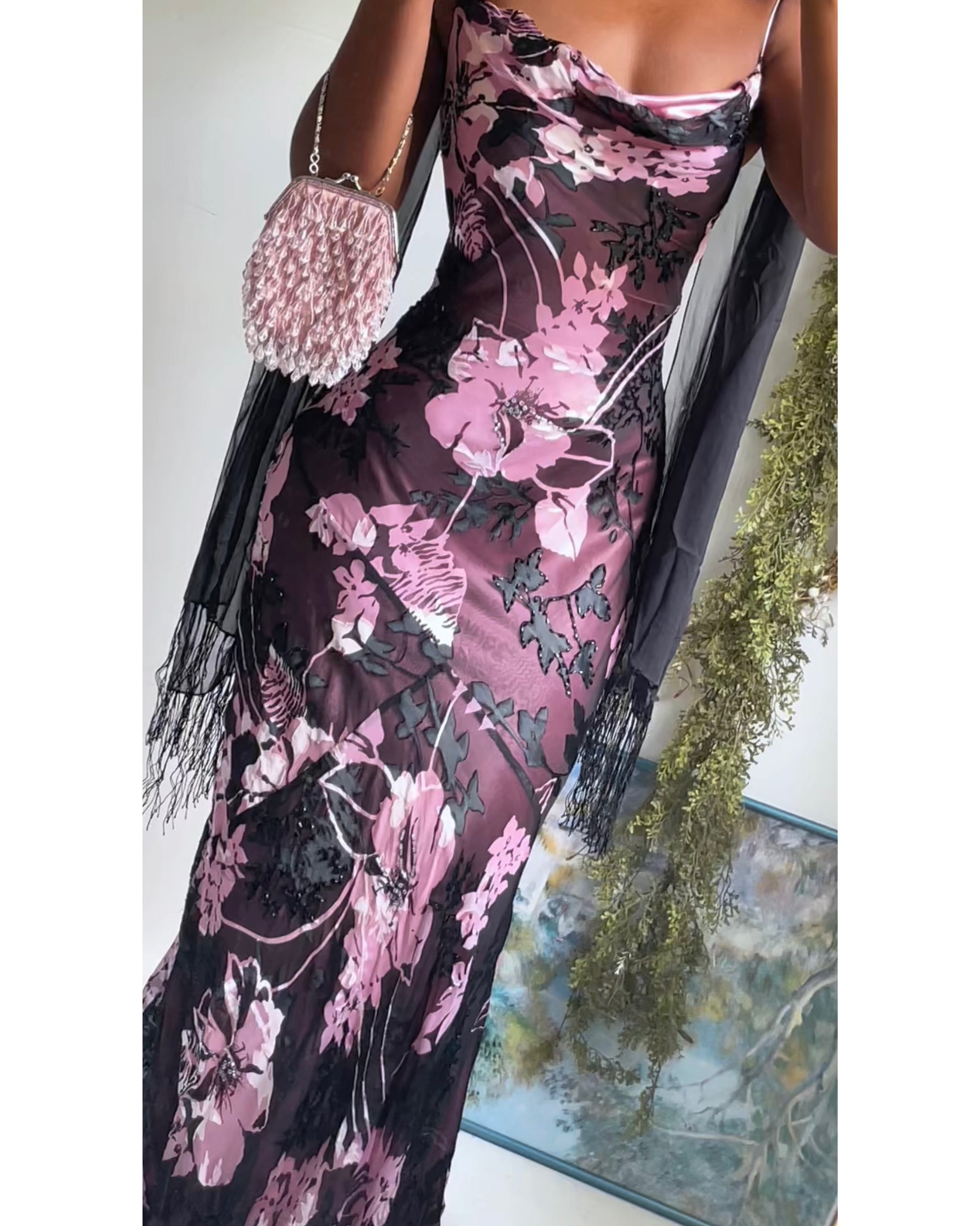 Rare Y2K Silk Devore Pink and Black Floral Gown