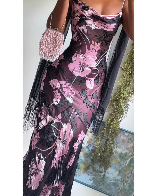 Rare Y2K Silk Devore Pink and Black Floral Gown