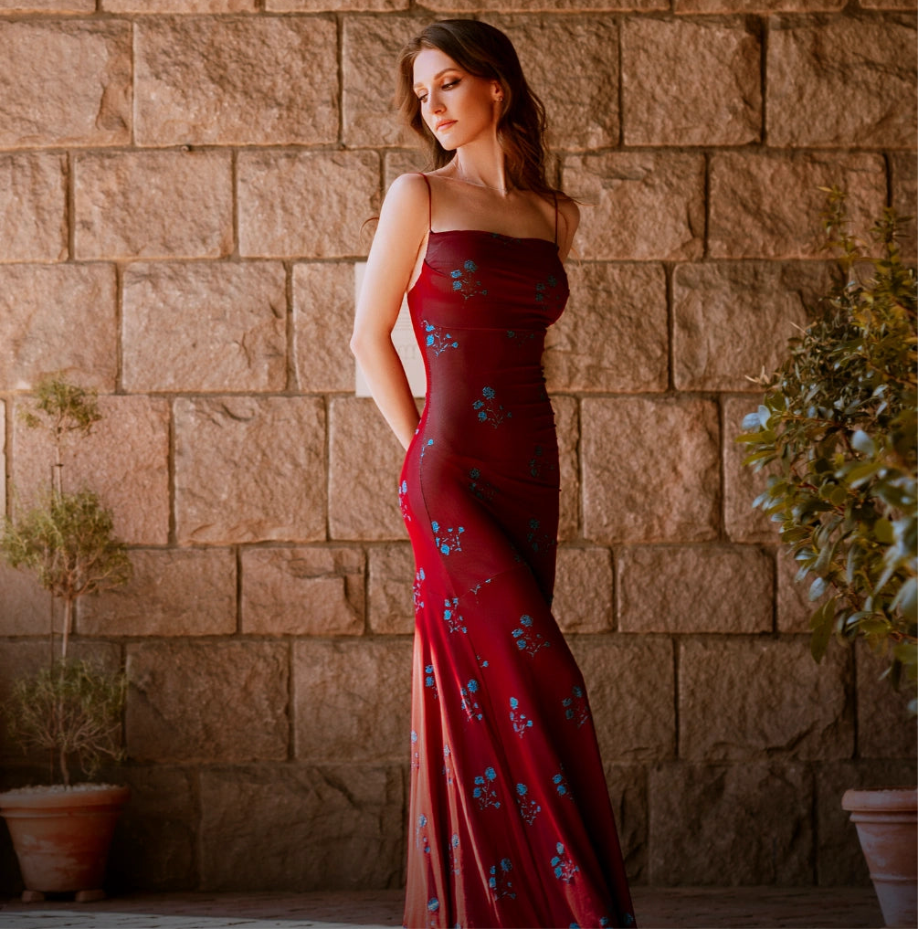 Turquoise and Red Layered Glitter Floral Gown