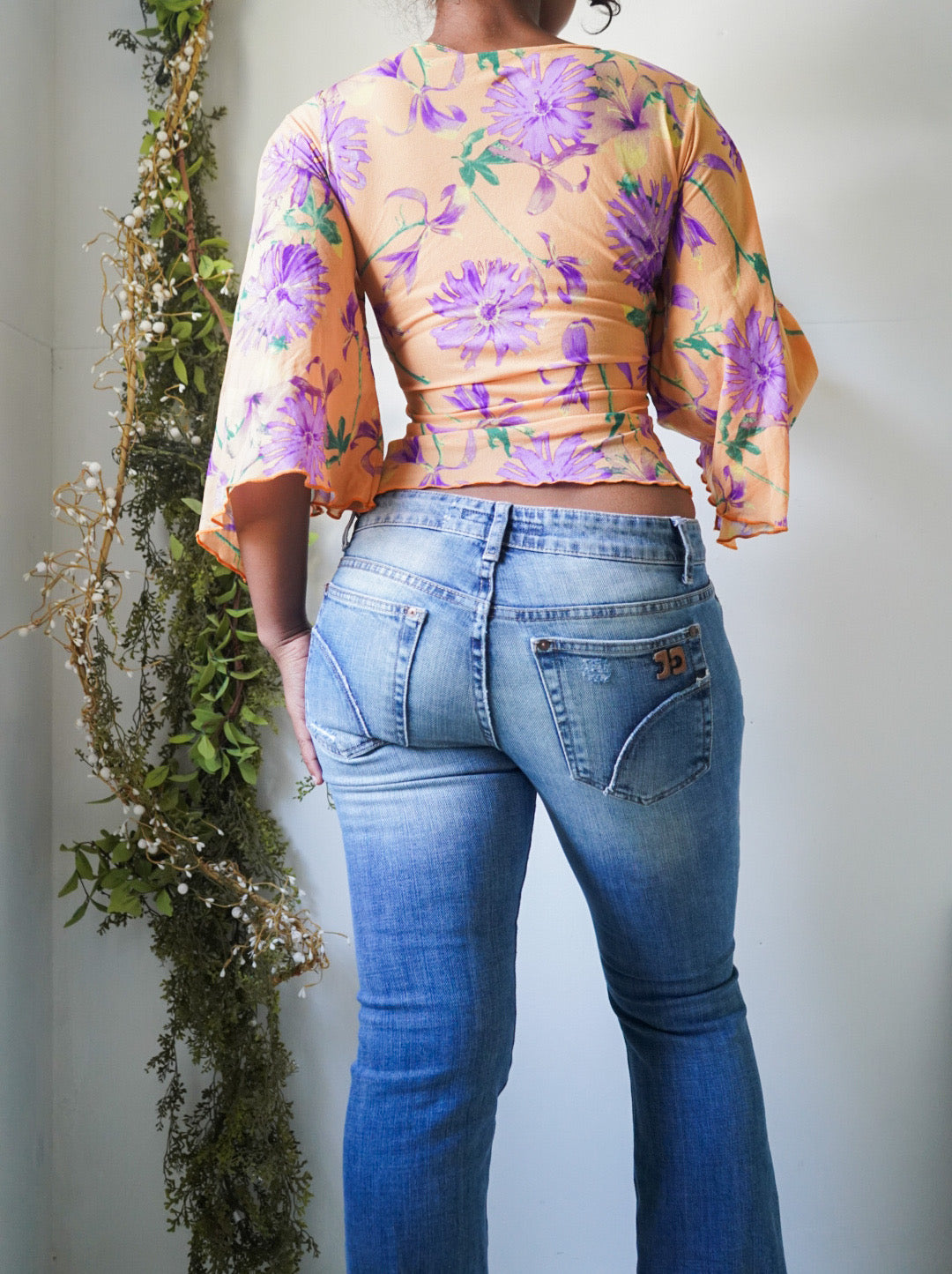 Y2K Orange Floral Angel Sleeve Top