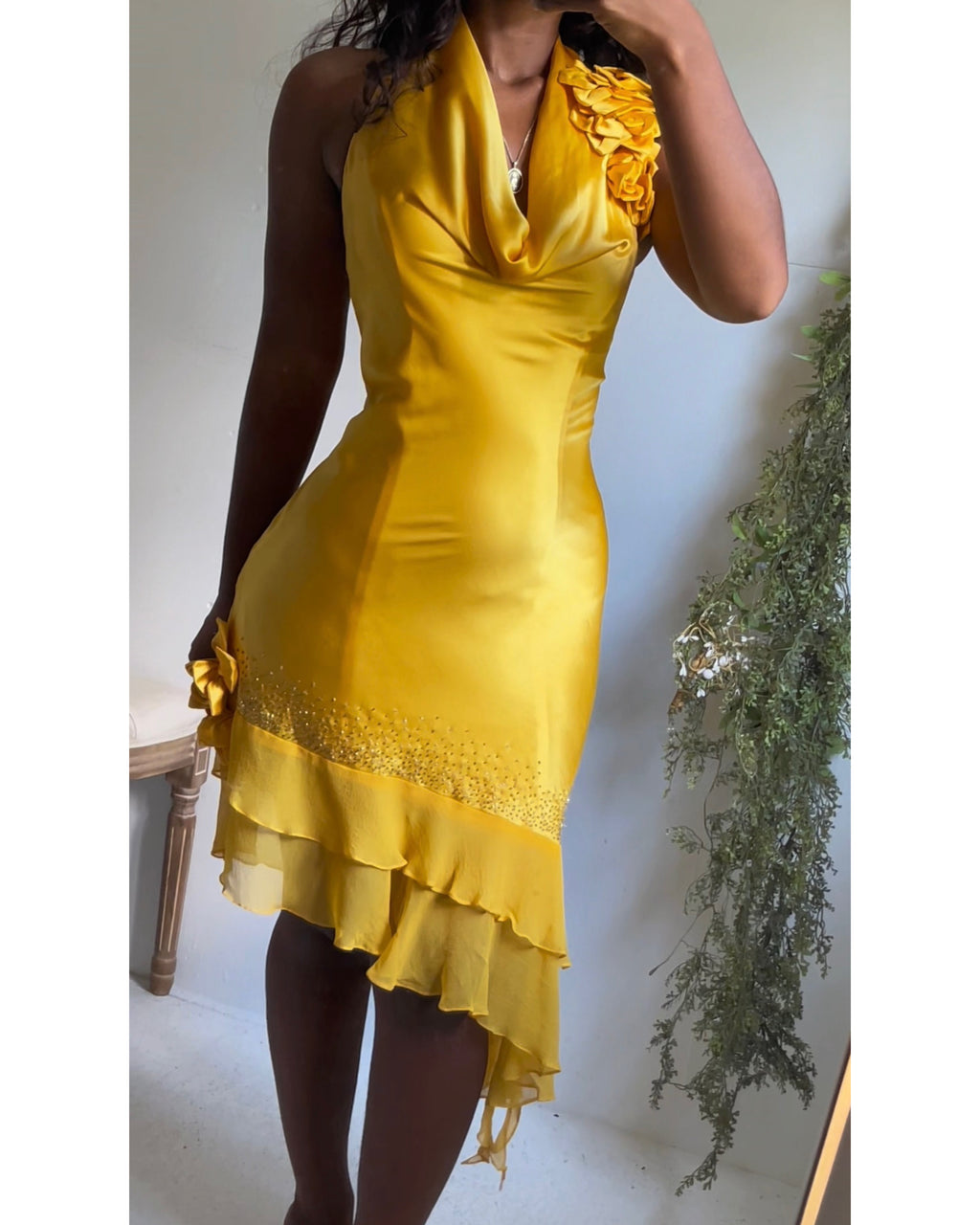 Y2K Golden Yellow Silk Charmeuse Halter Dress