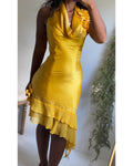 Y2K Golden Yellow Silk Charmeuse Halter Dress