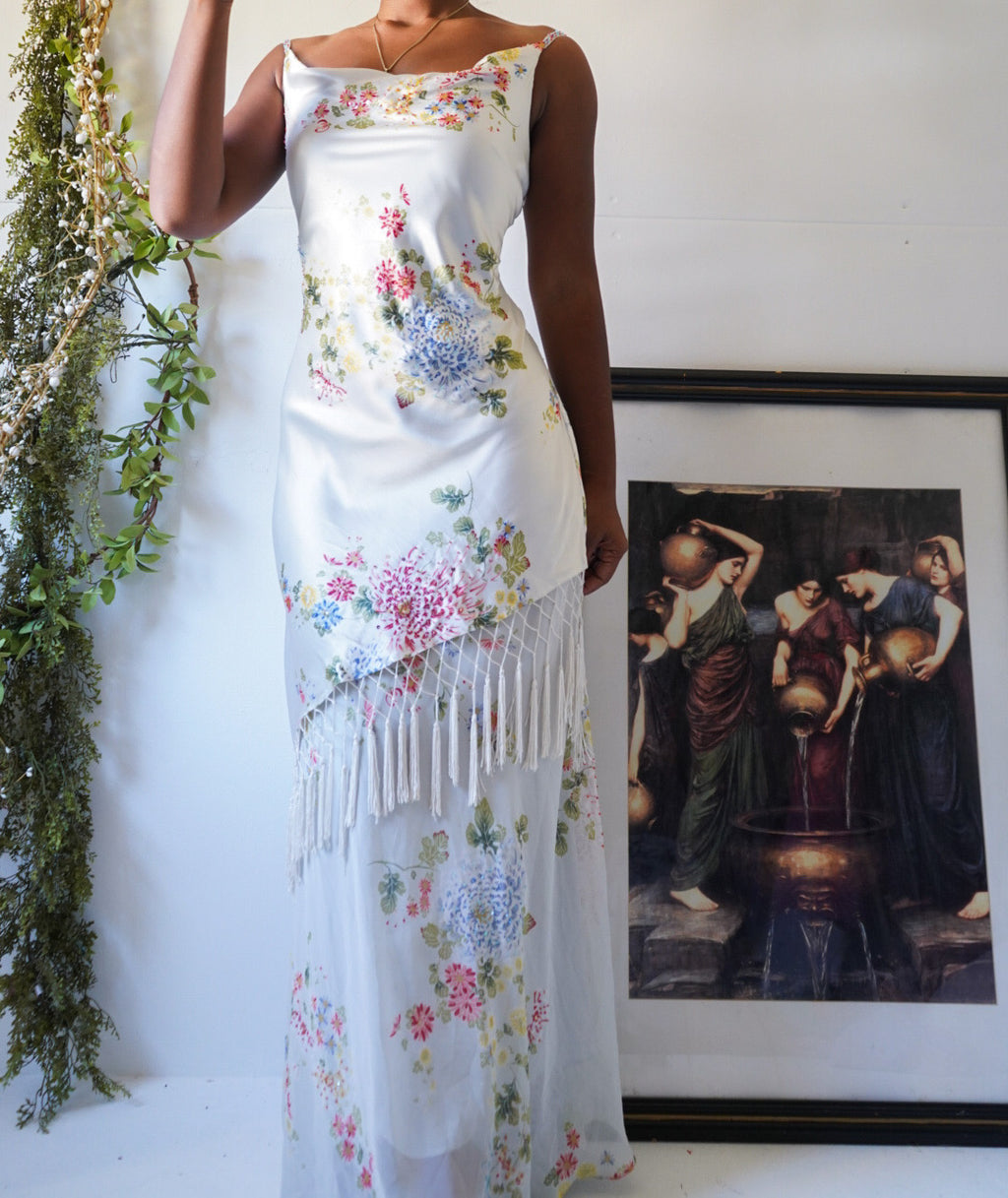 Pale Blue Beaded Fringe Chinoiserie Gown