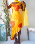Y2K Yellow Burnout Rose Print Silk Dress