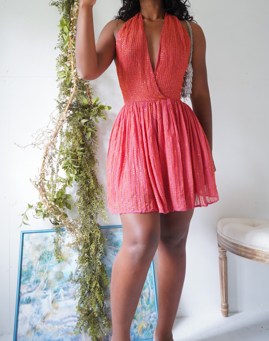 Vintage Y2K Coral Silk Beaded Halter Mini Dress