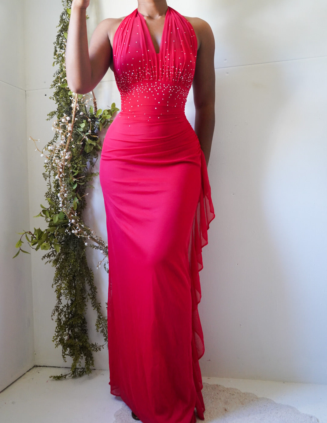 Vintage Y2K Bright Red Halter Formal Dress