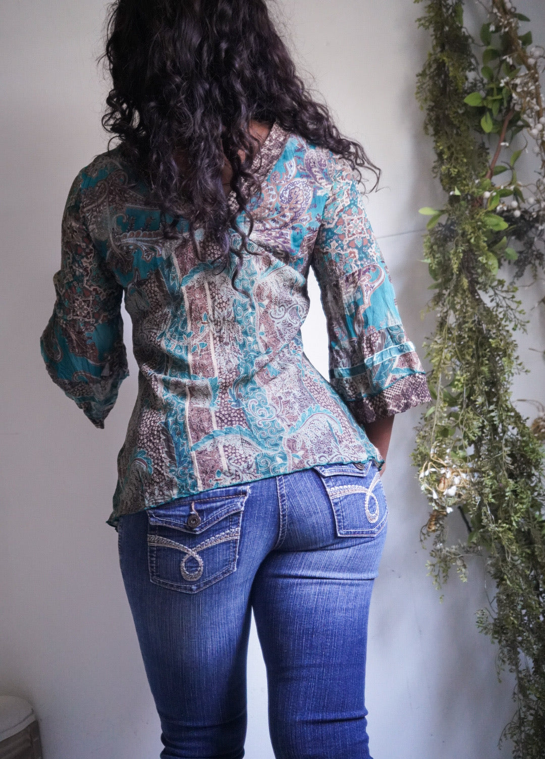 Y2K Boho Crinkle Paisley Flare Sleeve Top