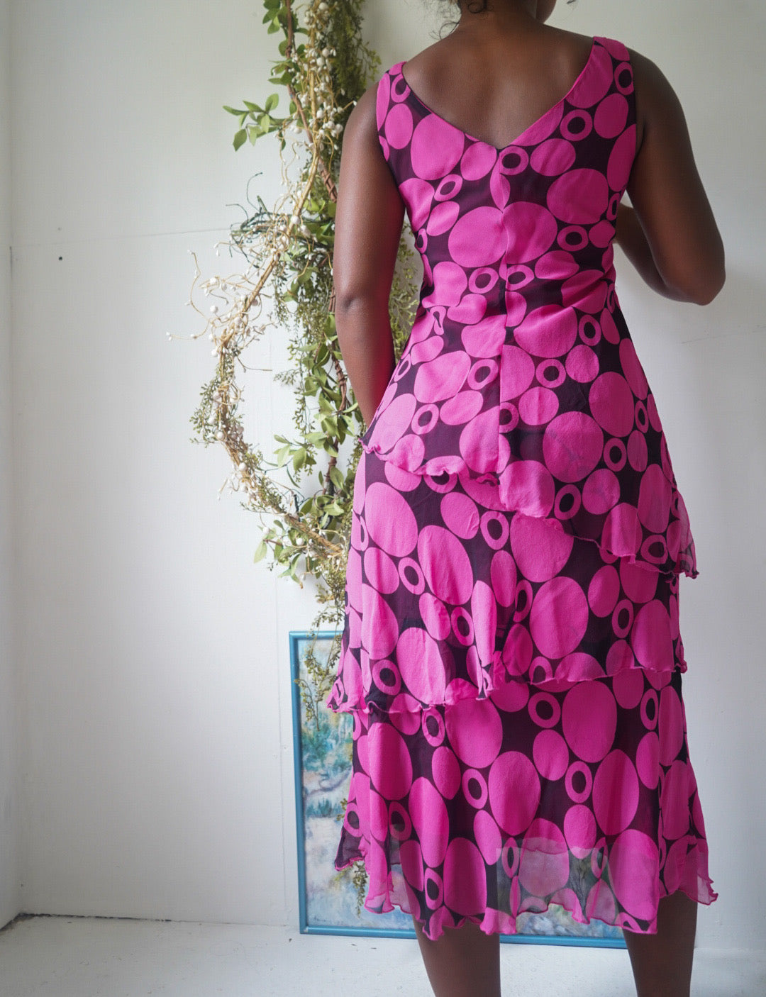 Y2K Pink and Black Silk Dot Print Dress