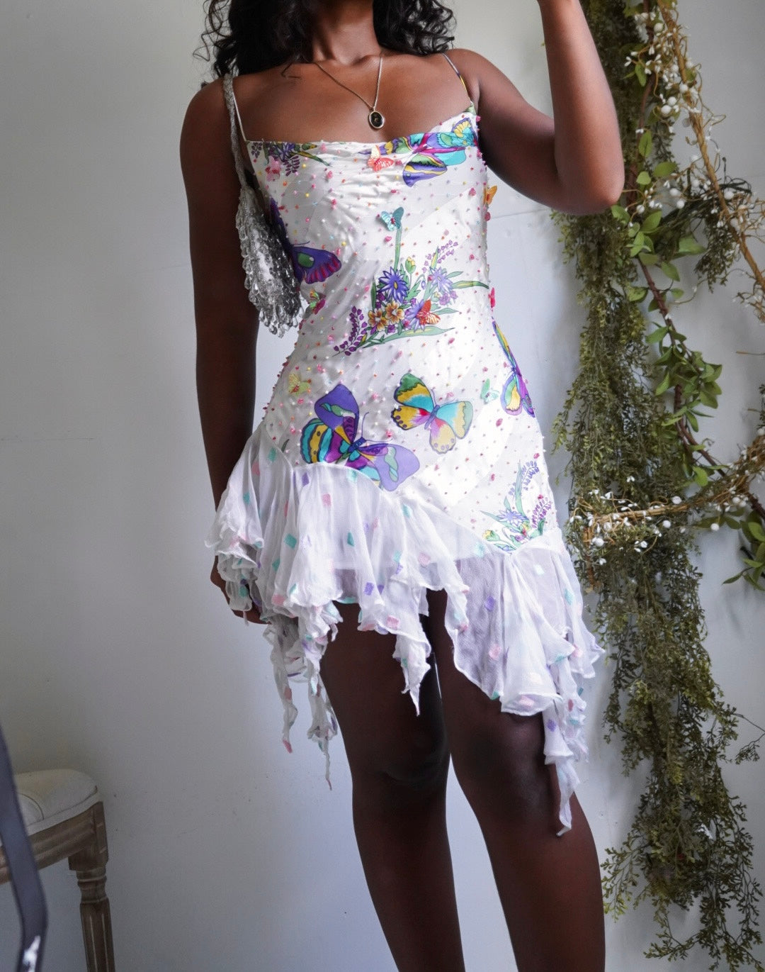 White Butterfly Beaded Handmade Reworked Mini Dress