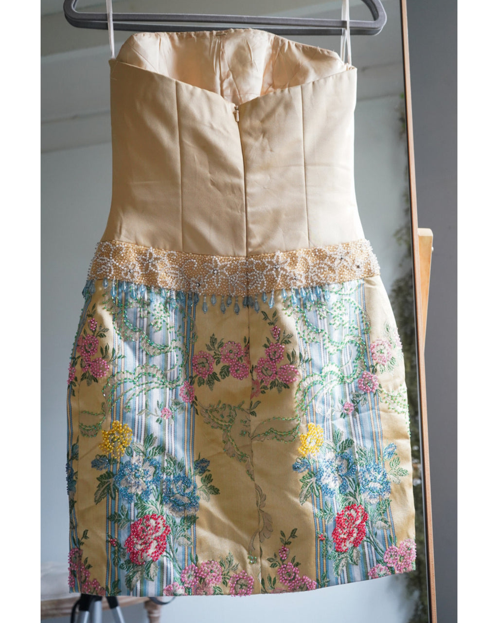 Y2K Pale Yellow Beaded Corset Mini Dress