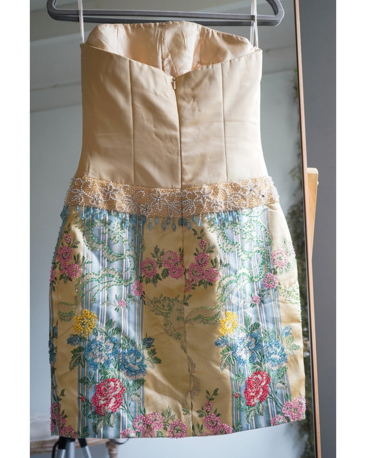 Y2K Pale Yellow Beaded Corset Mini Dress