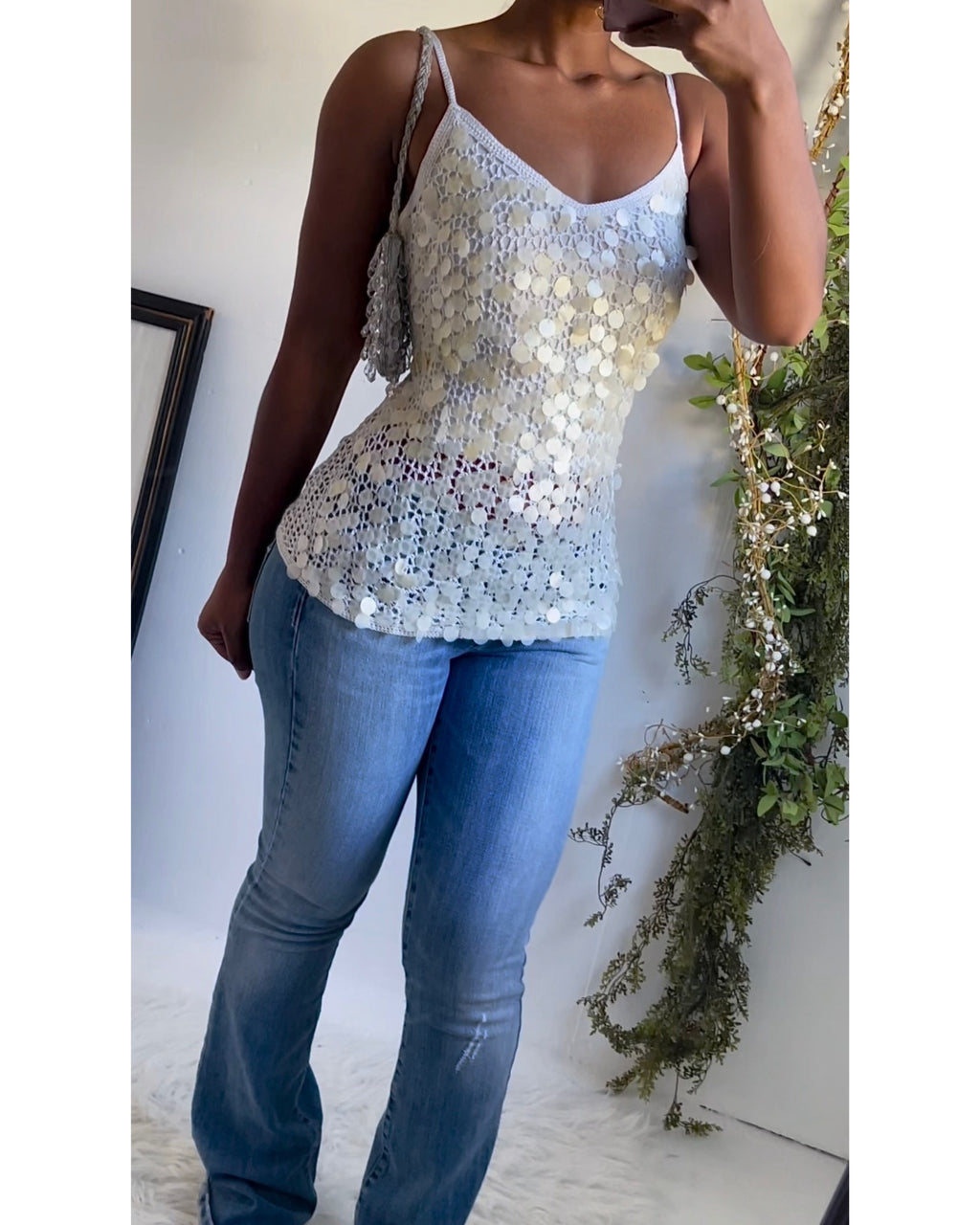 Rare Vintage Y2K Ivory Crochet Sequin Cami