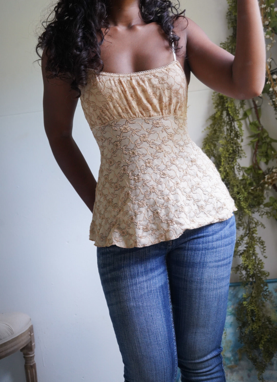 Y2K Tan Lace Milkmaid Babydoll Cami