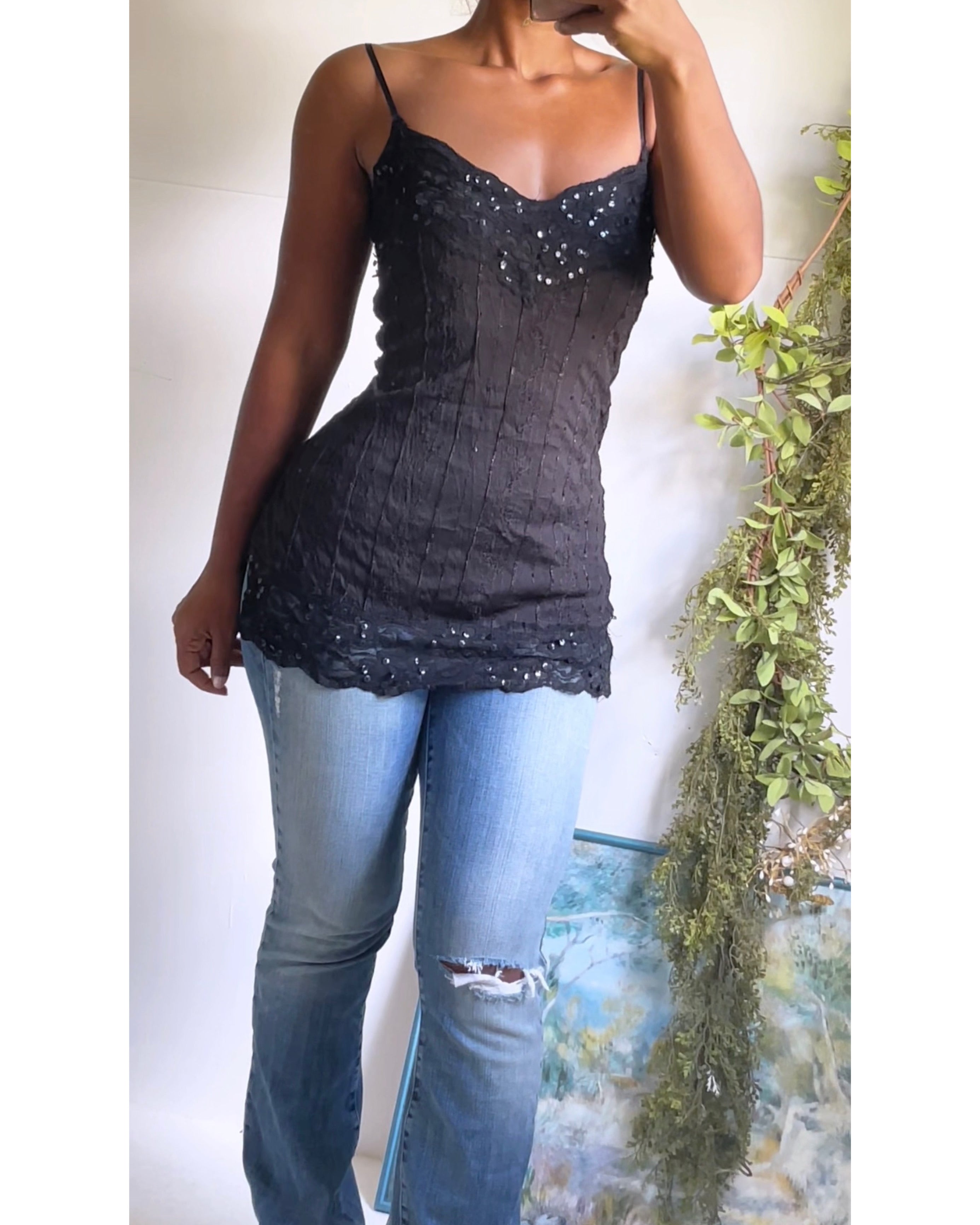 Y2K Black Lace and Sequin Cami
