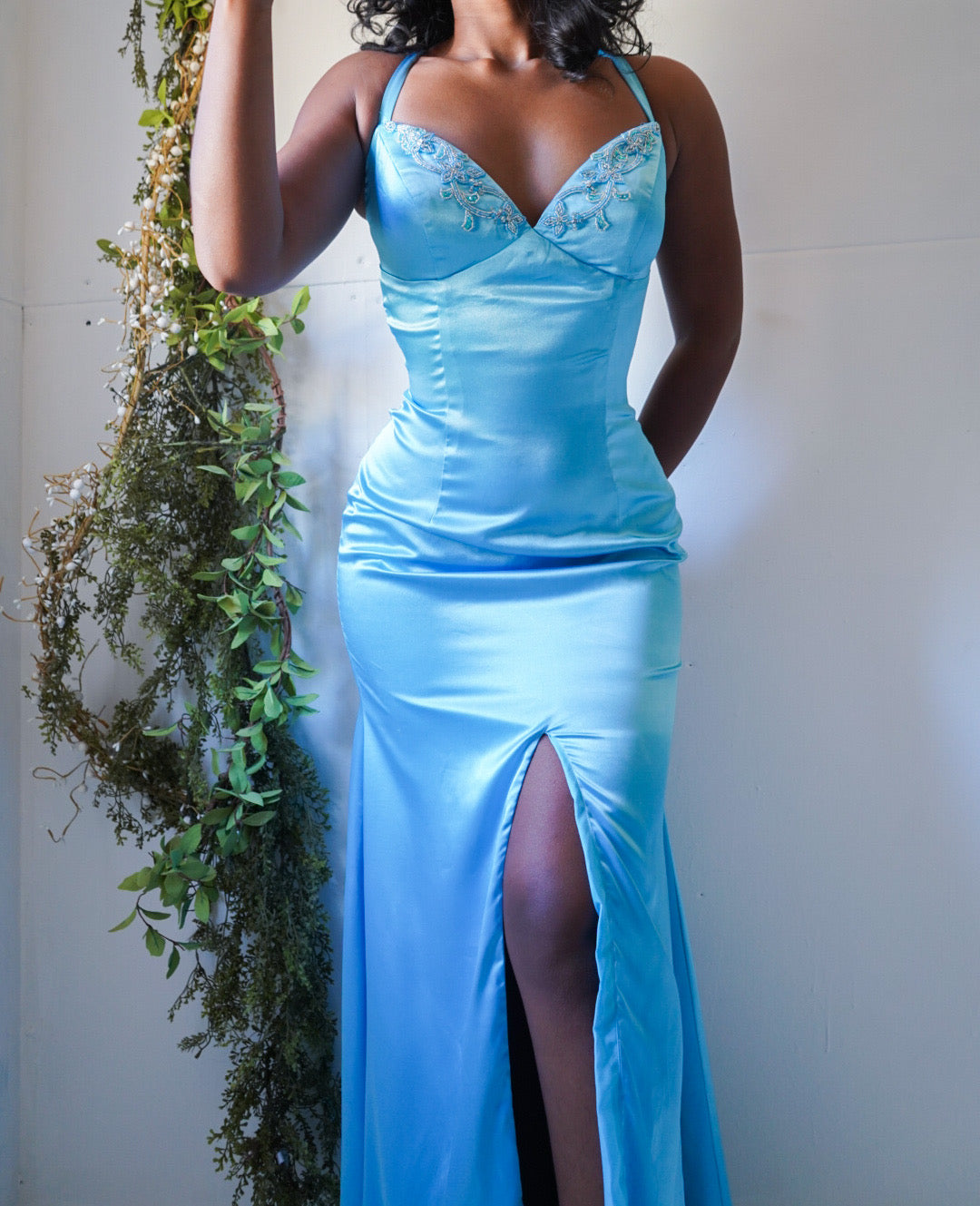 Blue Backless Beaded Detail Gown