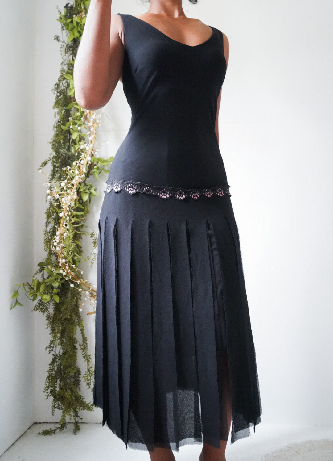 Vintage Y2K Black Fringe Hem Midi Dress