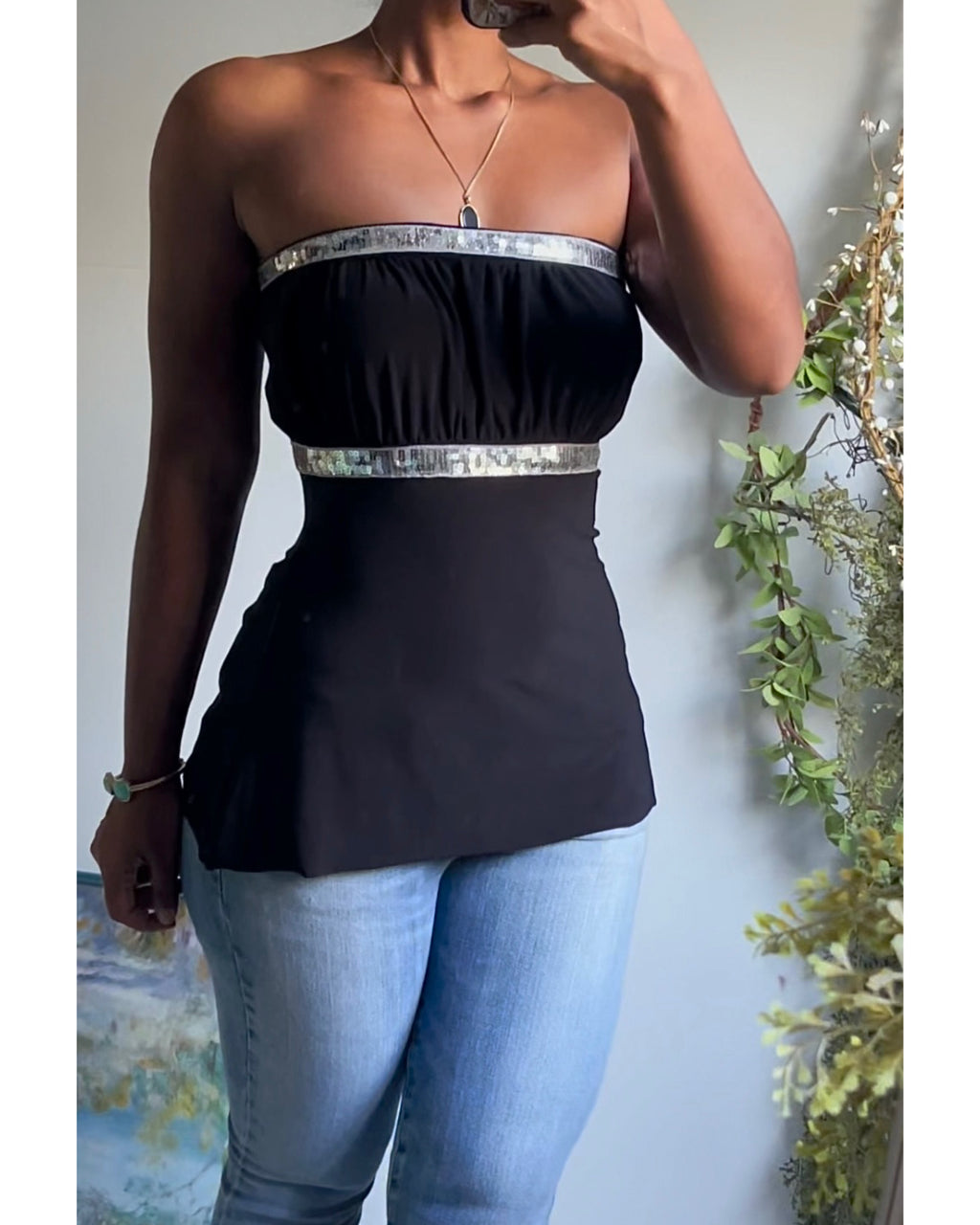 Sequin Trim Strapless Milkmaid Top