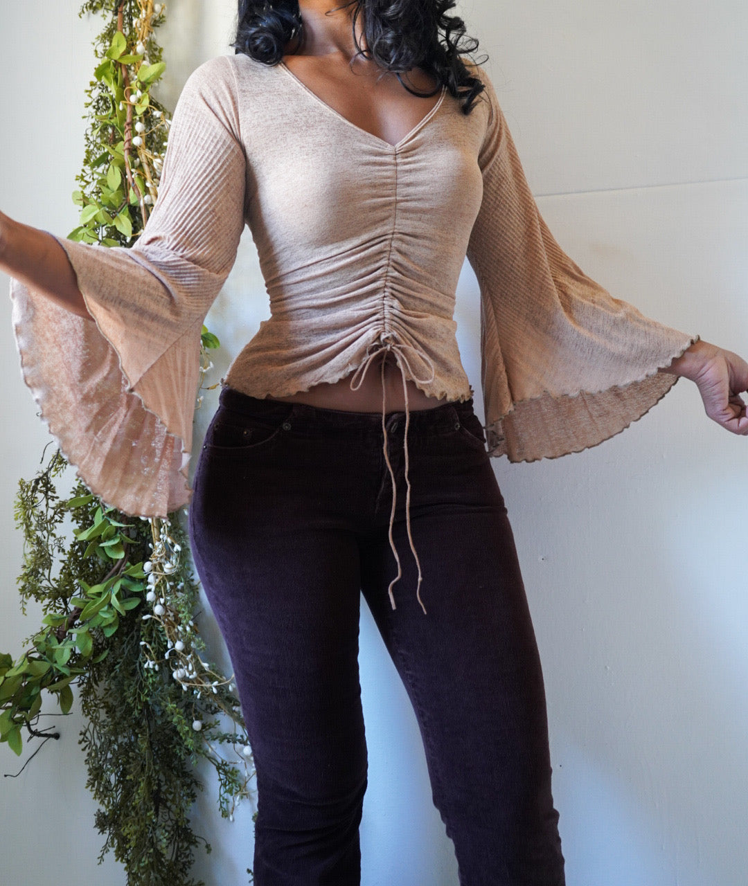 Tan Flared Sleeve Mesh Y2K Top