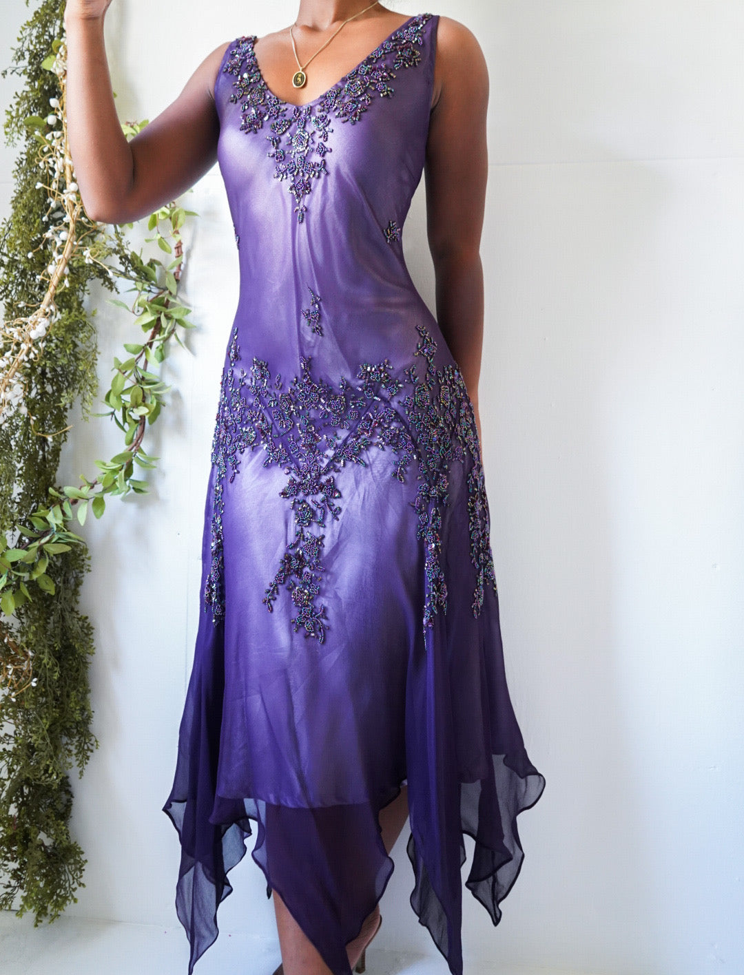 Vintage Purple Silk Fully Beaded Fairy Dress