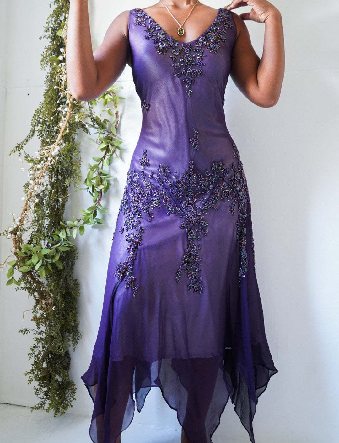 Vintage Purple Silk Fully Beaded Fairy Dress