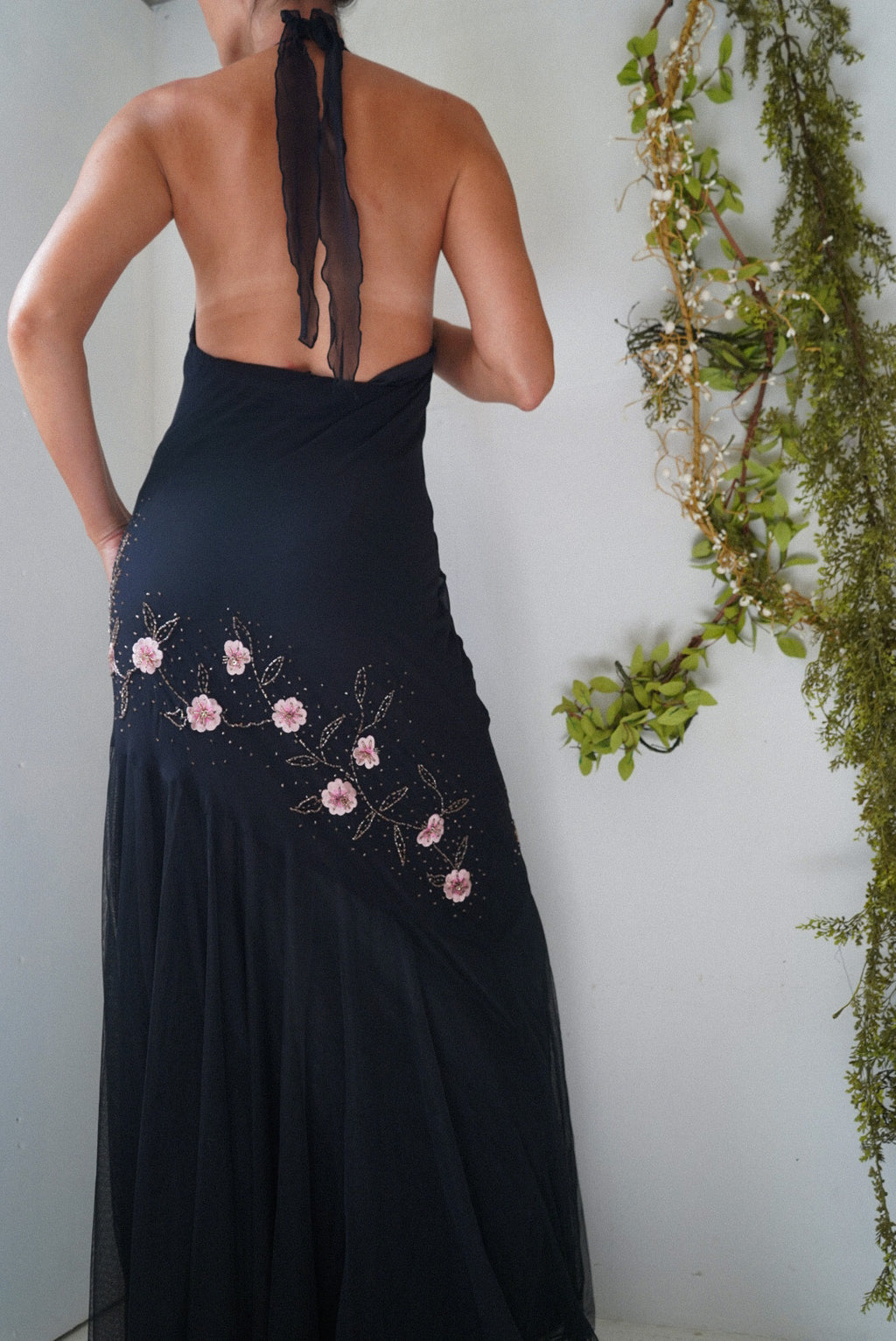 Vintage silk beaded halter gown