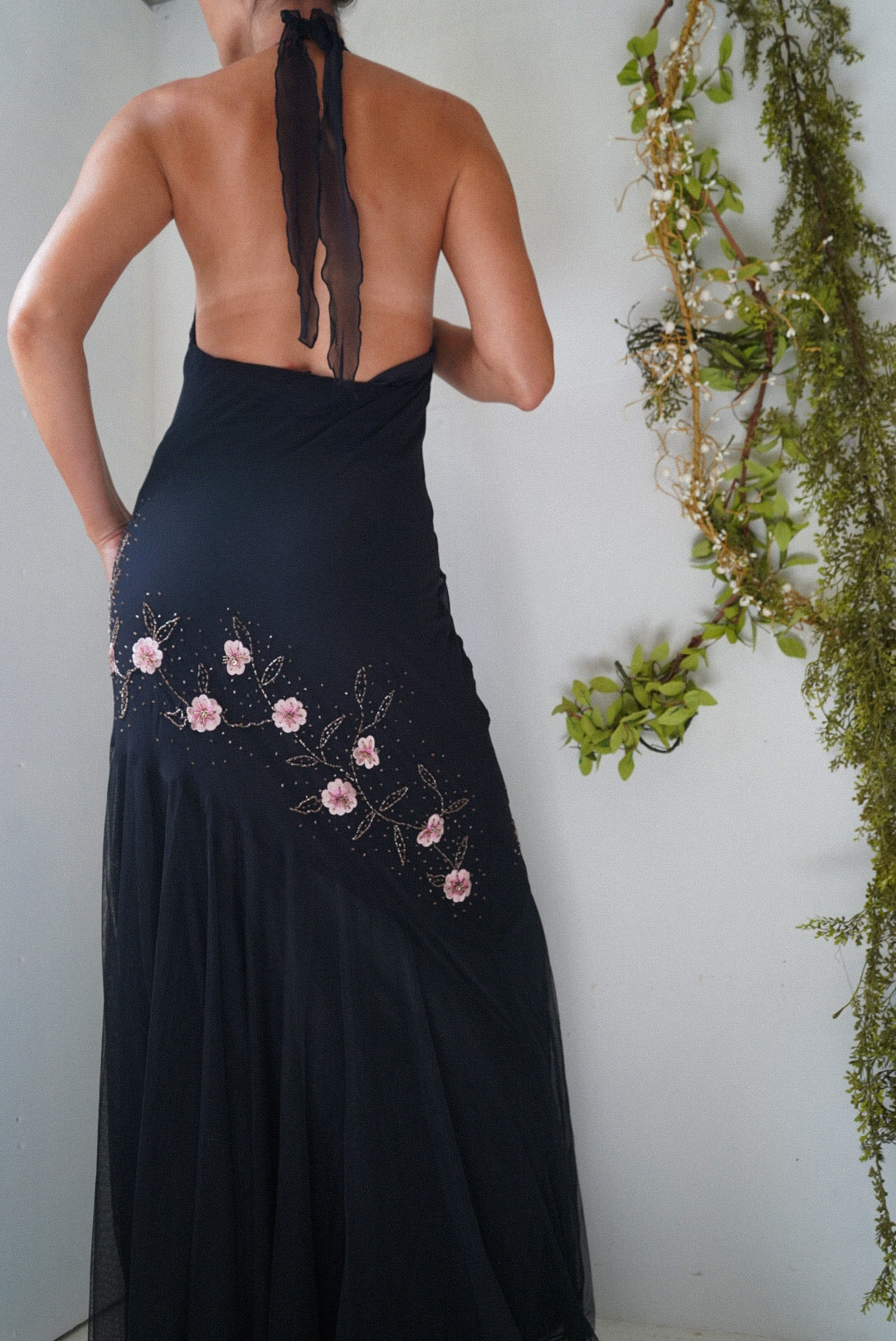 Vintage silk beaded halter gown