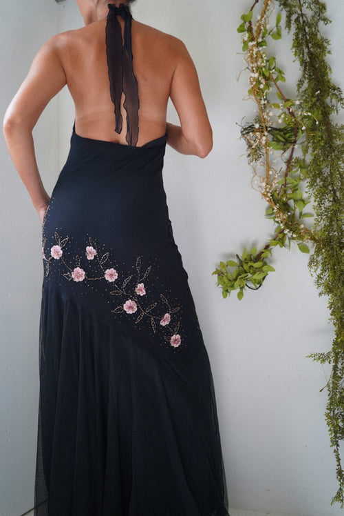 Vintage silk beaded halter gown