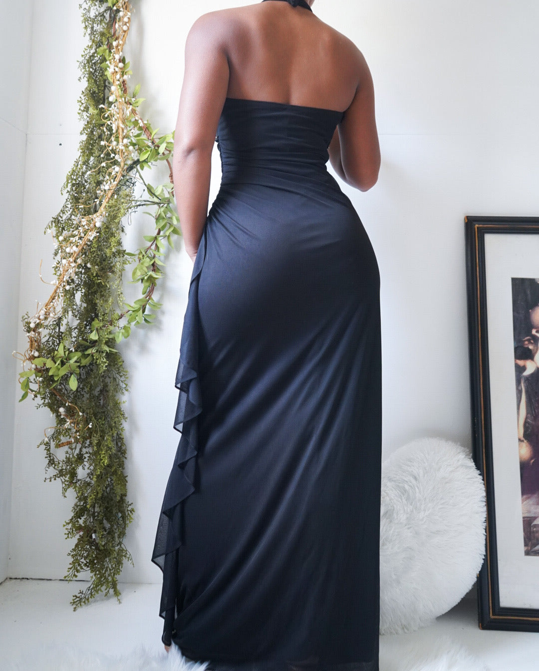 Vintage Black Halter Ruched Gown