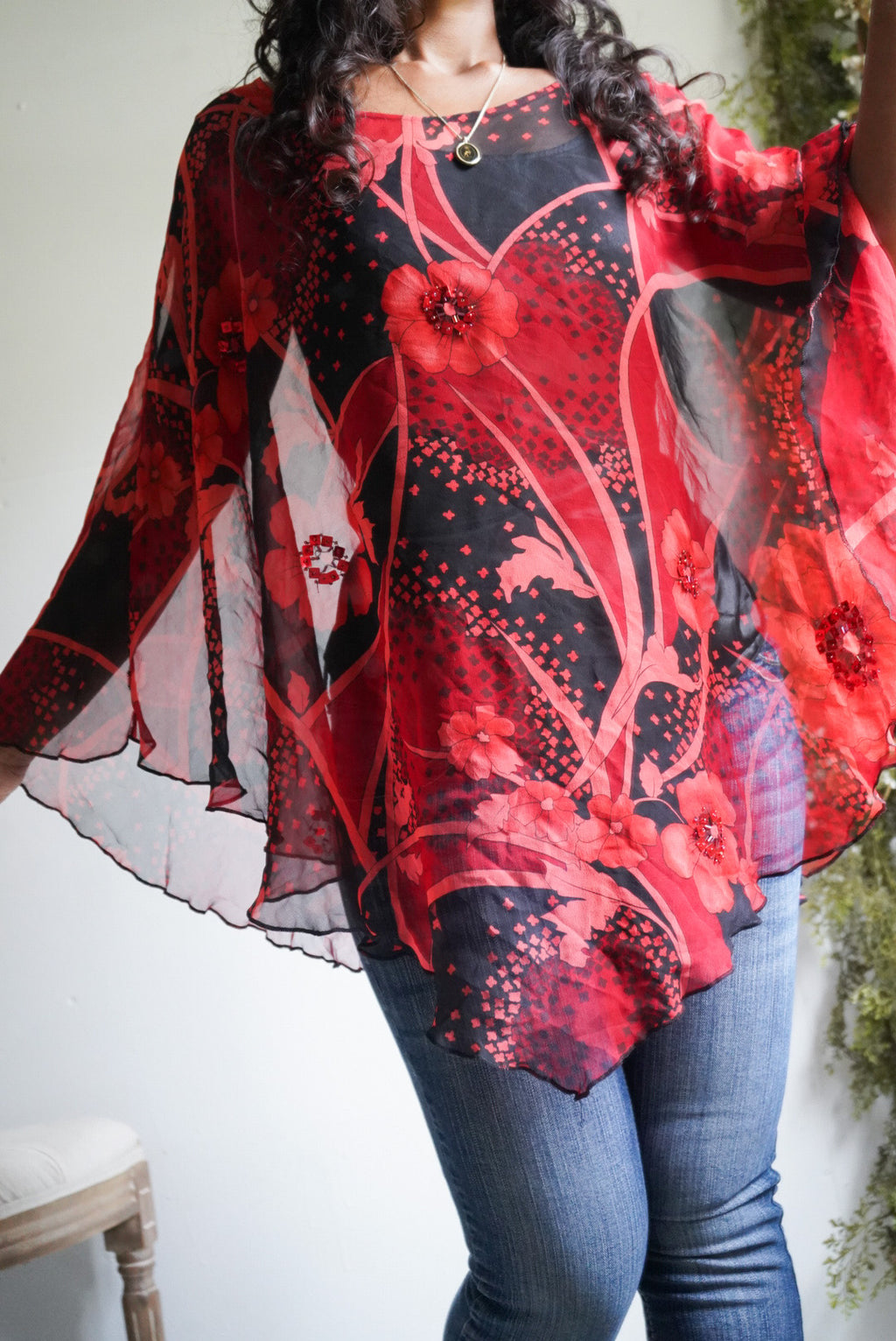Y2K Silk Printed Poncho Top