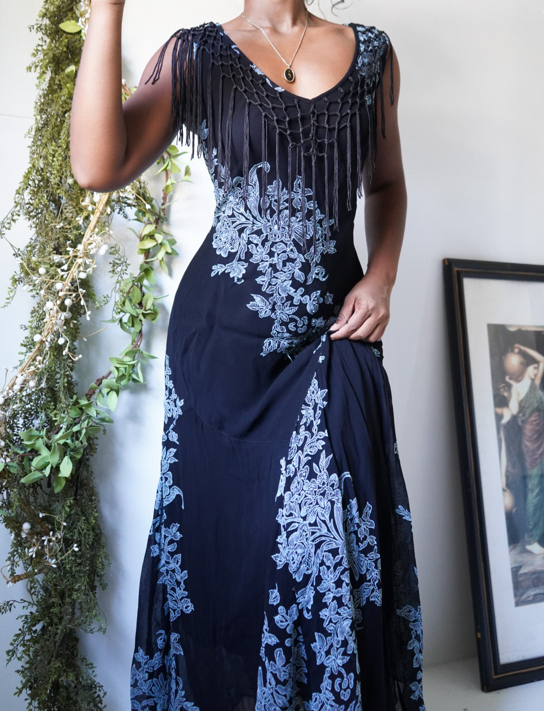 Fringe Neckline Beaded Detail Maxi Fairy Dress