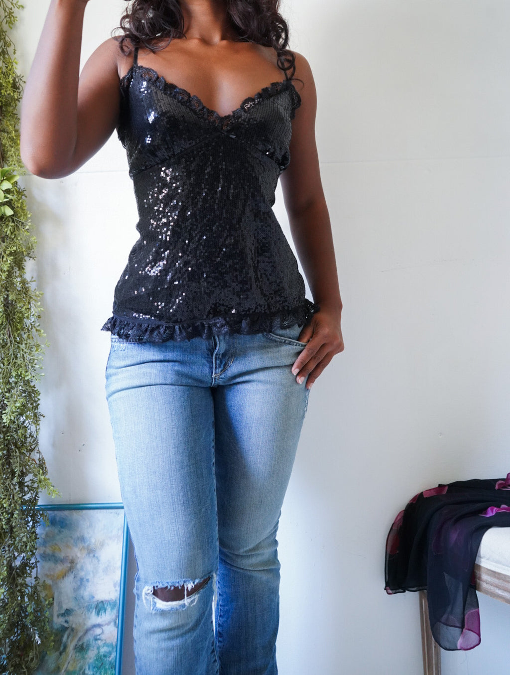 Y2K Black Sequin Lace Cami