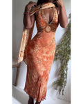 Rare Y2K Boho Silk Halter Tie Dye Beaded Dress
