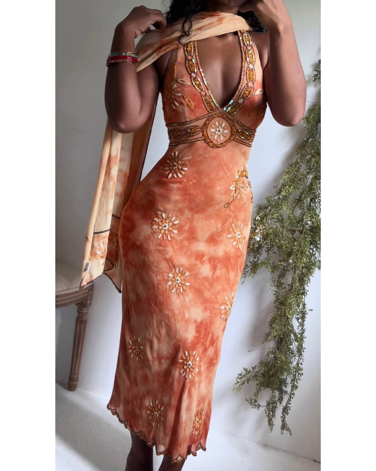 Rare Y2K Boho Silk Halter Tie Dye Beaded Dress
