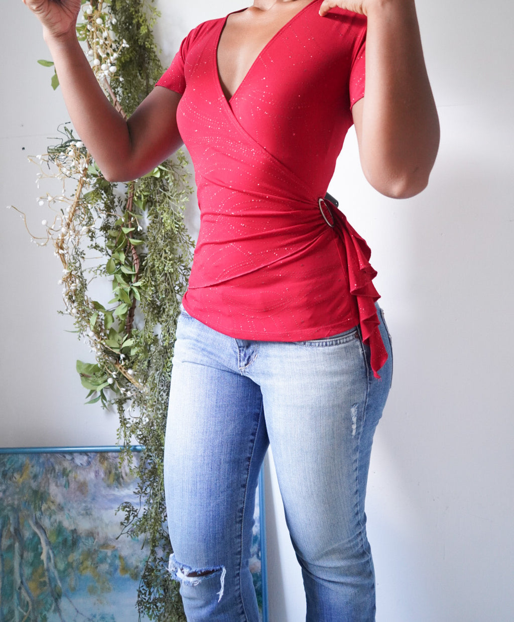 Y2K Red Sparkle Crossover Top