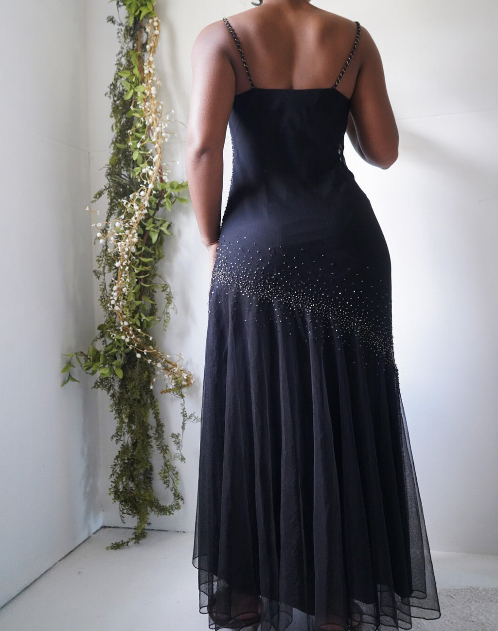 Vintage Y2K Black Silk and Tulle Beaded Gown