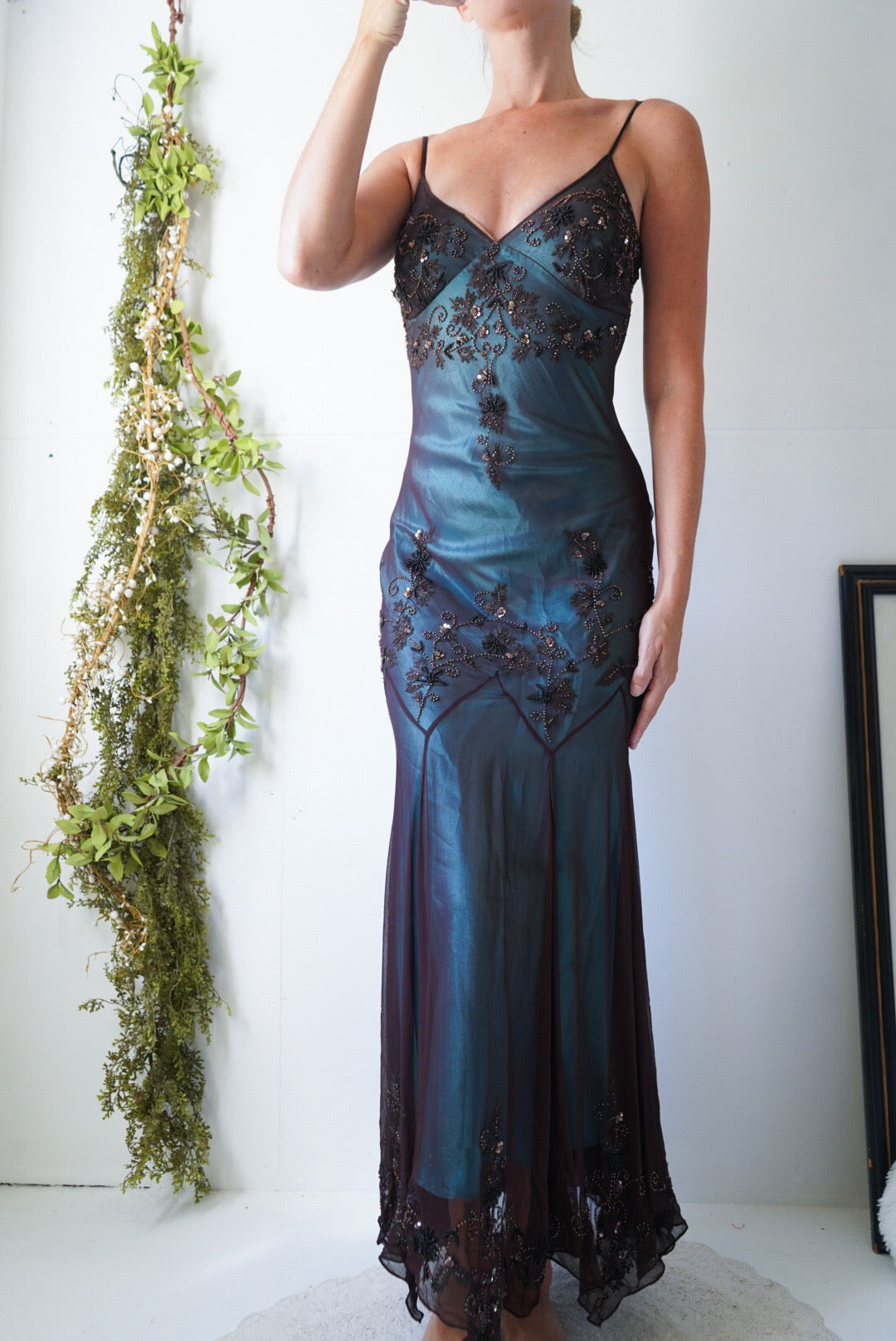 Vintage Layered Brown and Teal Beaded Silk Gown